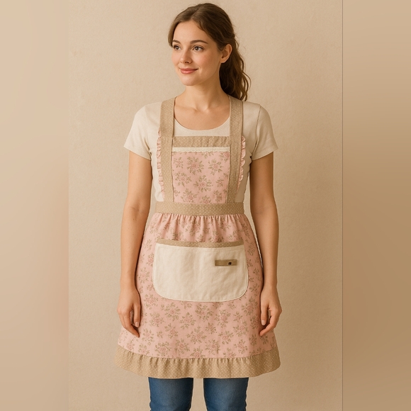 Floral Pink Apron with Pocket - Picture 2 of 3